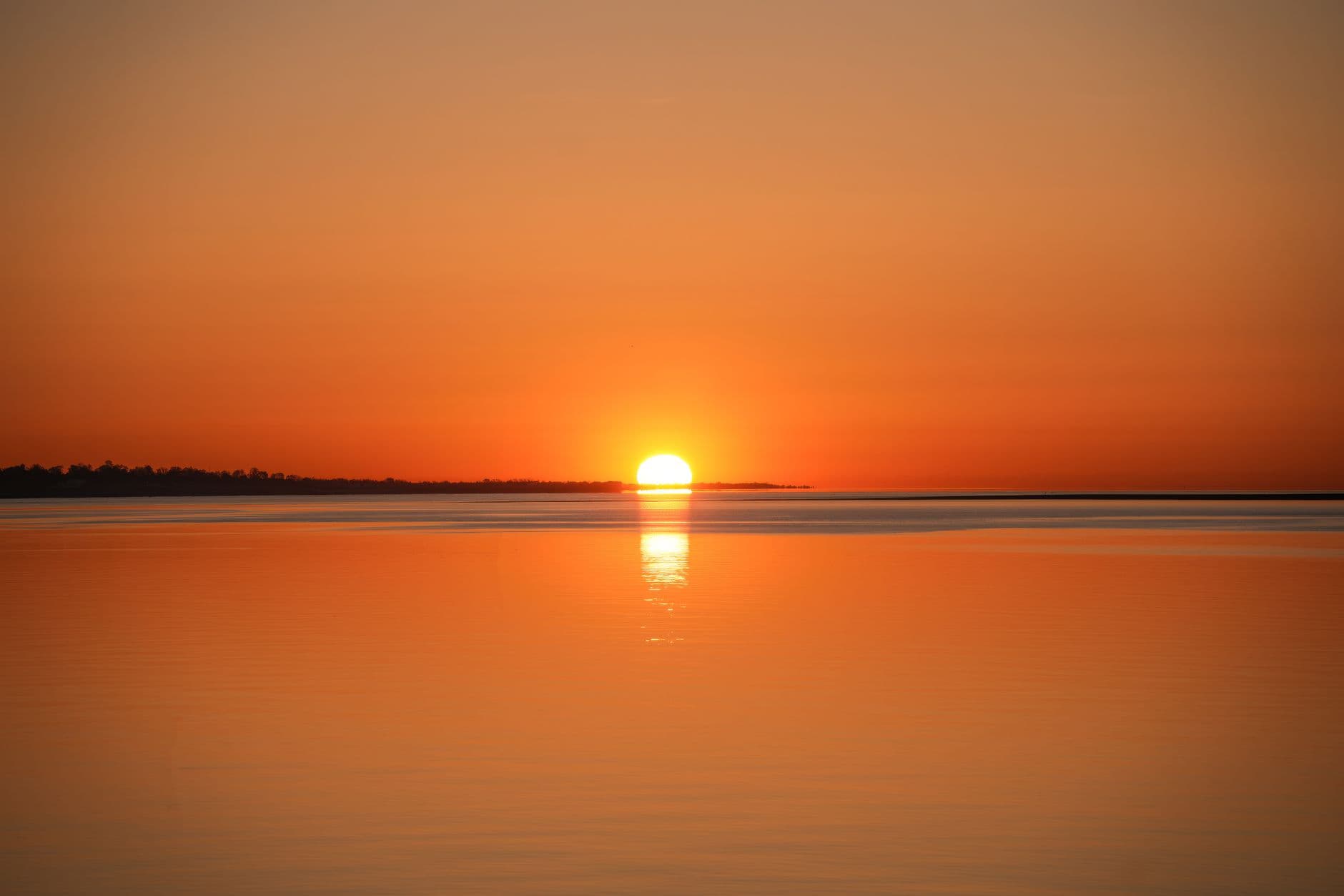 Sunrise over calm open water, gold light laid flat across the surface.